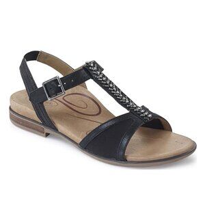 NEW Aetrex Women Leanna Black T-strap Orthopedic Comfortable Dress Sandals